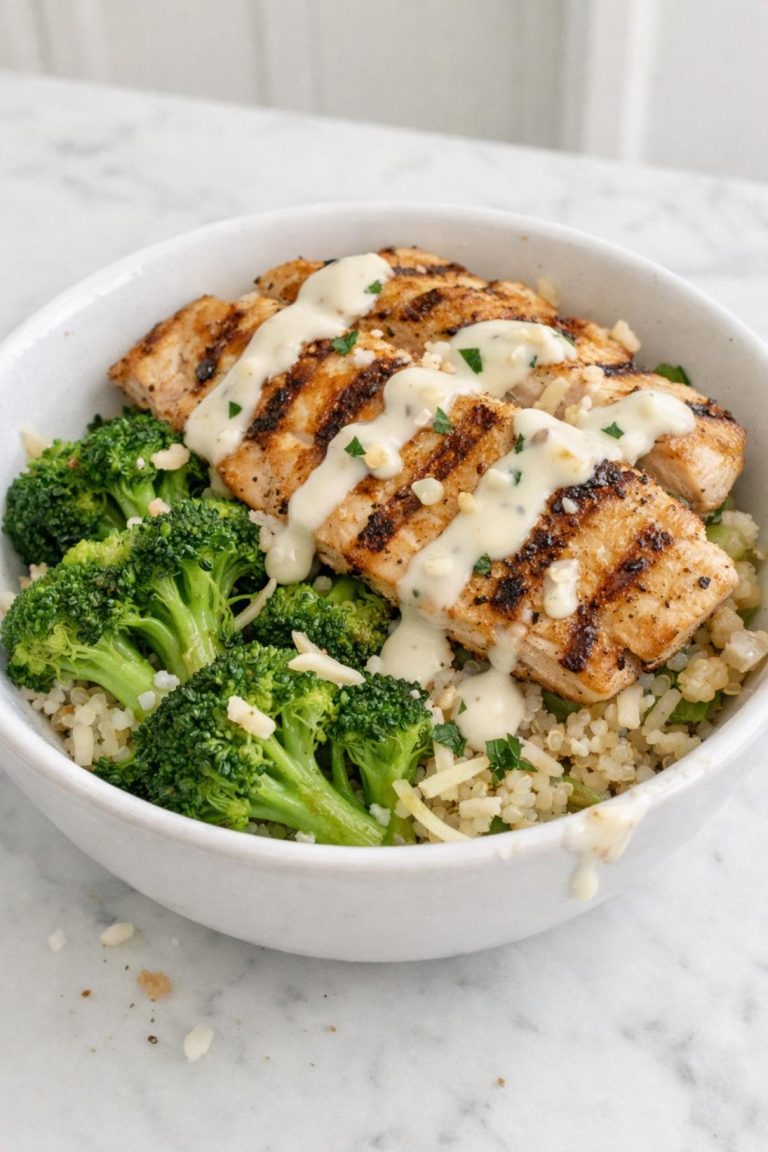 Grilled Chicken and Broccoli Bowls with Creamy Garlic Sauce